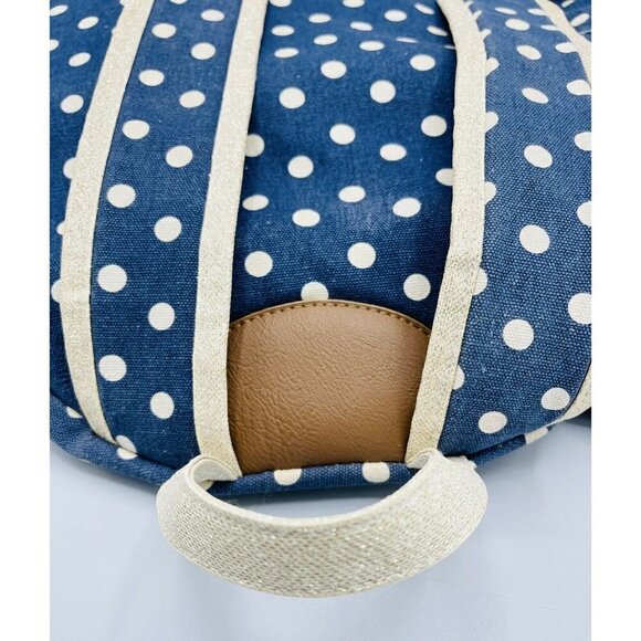 Navy Blue w White Polka Dots Backpack Cream Sparkle Trim Brown Faux Leather - Picture 7 of 9